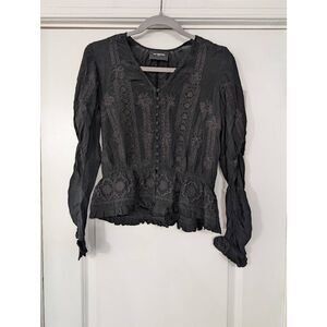 The Kooples‎ Flowing Embroidered Ecru Top In Black women's 0 medieval boho
